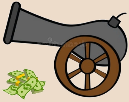 Cartoon cannon with money bundles, instead of cannonballs, piled beside it as ammo